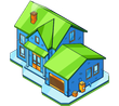 An isometric drawing of a blue house with a green roof