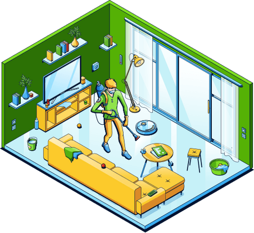 An isometric illustration of a man cleaning a living room with a vacuum cleaner.
