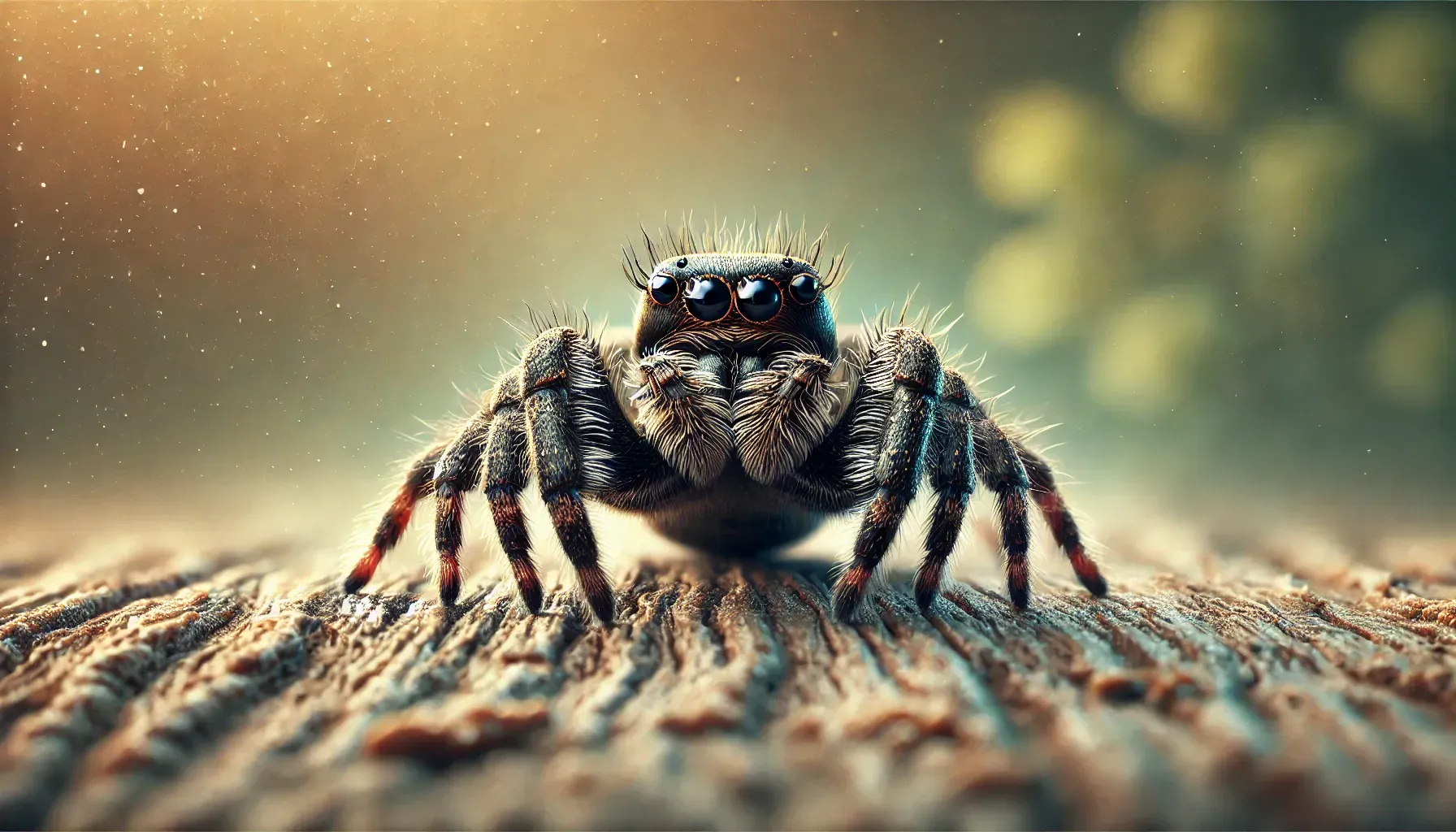 A jumping spider is sitting on a piece of wood.
