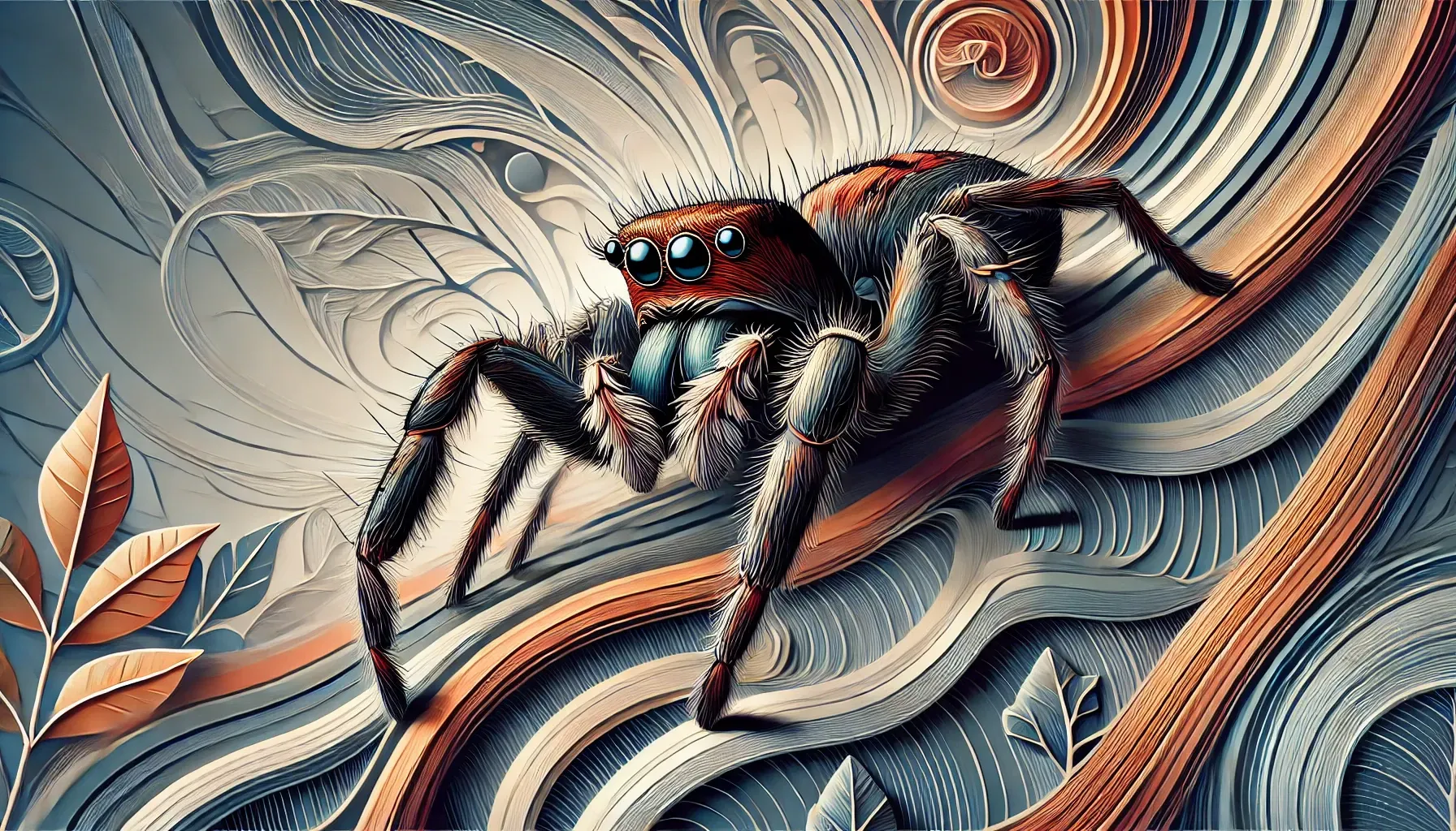 A jumping spider is sitting on a branch in a painting.