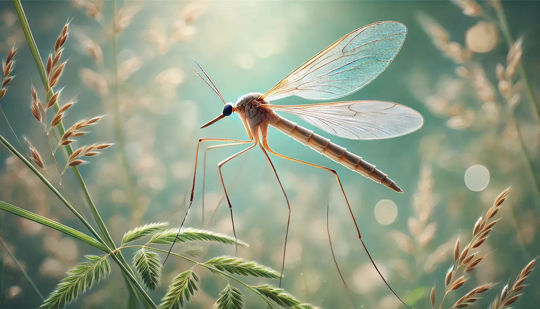 A close up of a mosquito sitting on a plant.