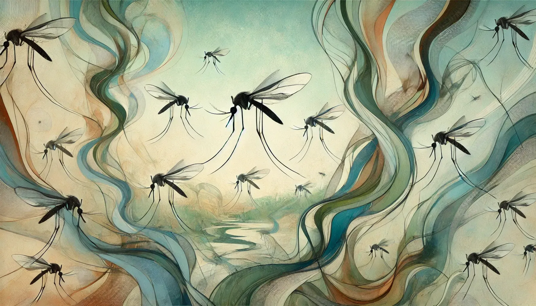 A painting of mosquitoes flying over a river.
