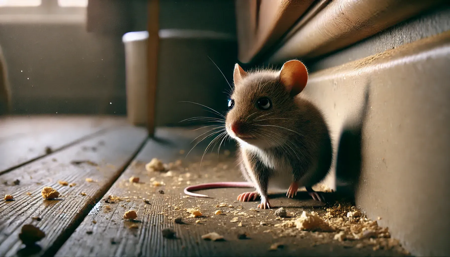 A mouse is standing on a wooden floor next to a wall.