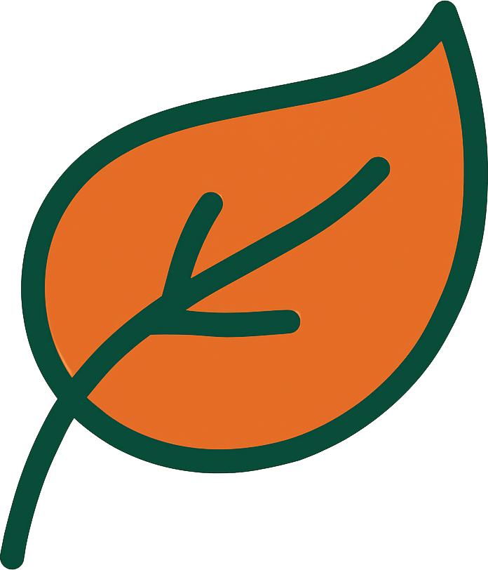 An orange leaf with a green stem on a white background.