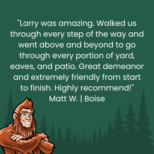 Testimonial about Larry, featuring a smiling Bigfoot graphic and a forest background.
