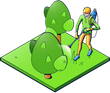 An isometric drawing of a blue house with a green roof
