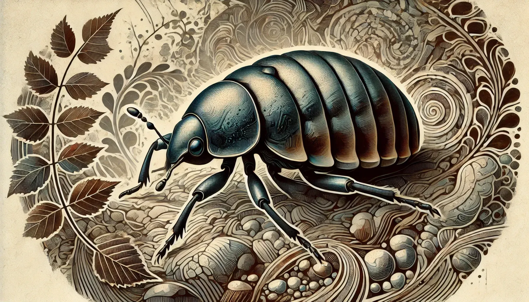 A drawing of a sowbug with leaves in the background