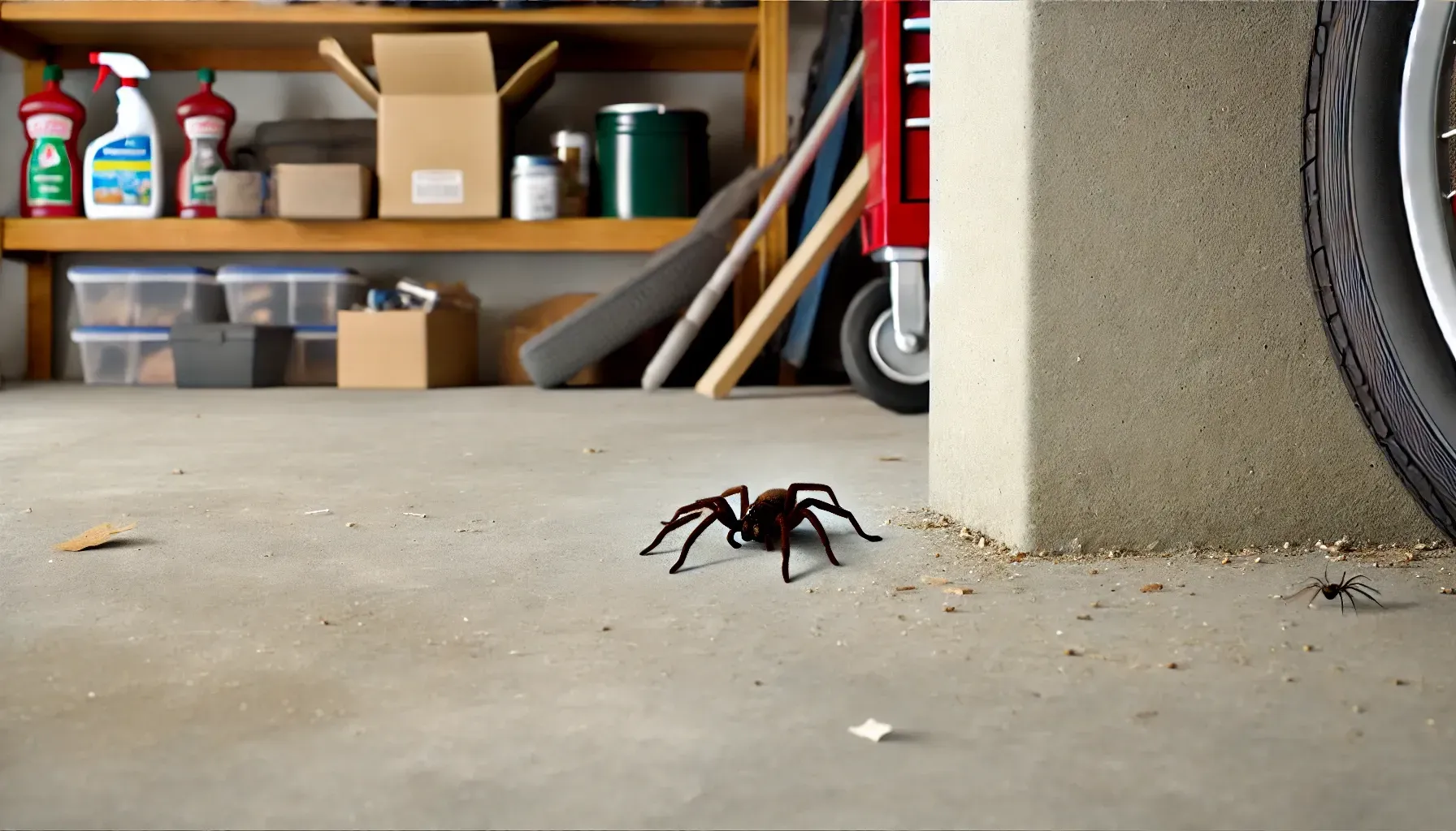 A spider is crawling on the floor of a garage.
