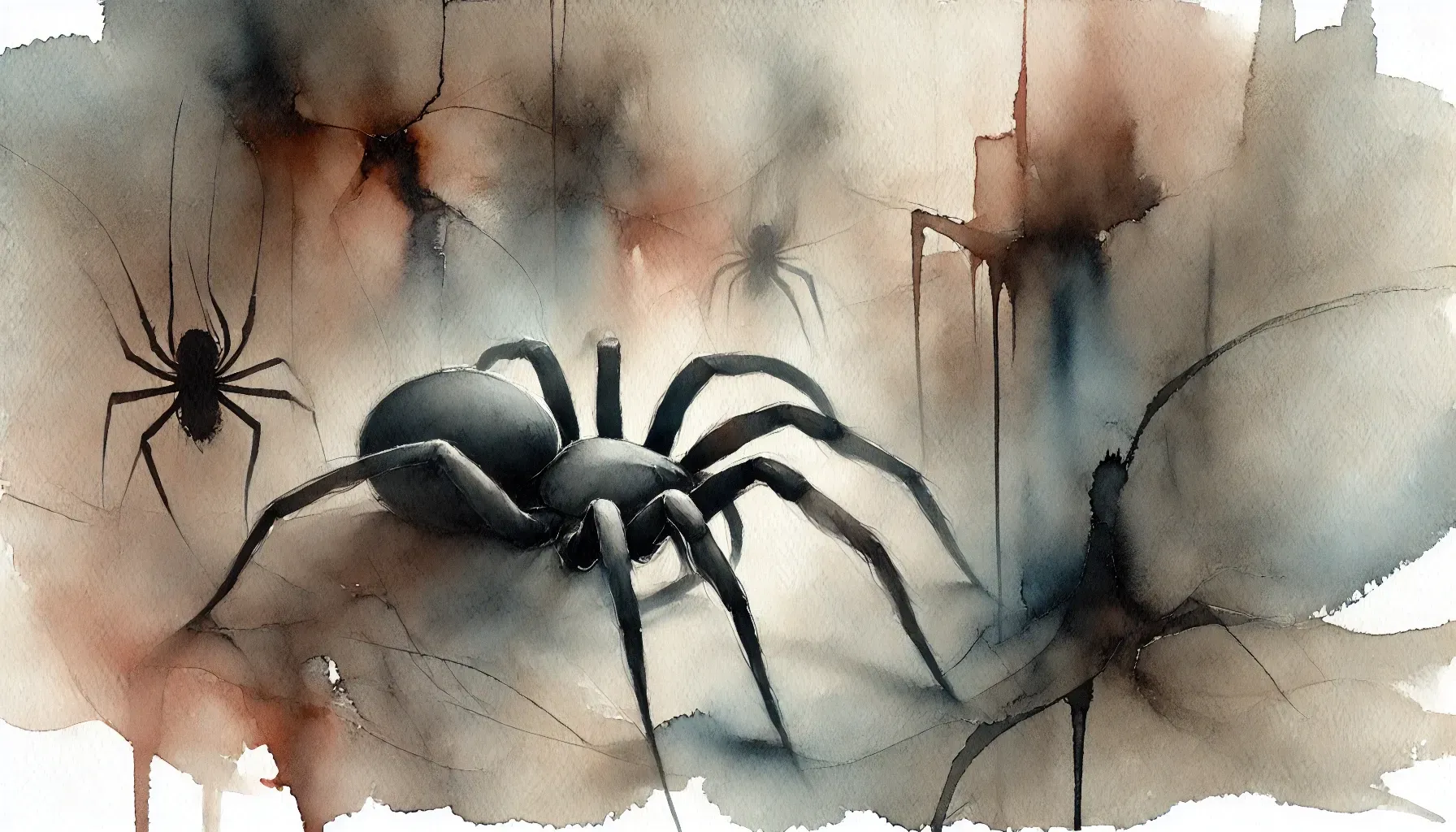 Abstract image of a watercolor painting of a spider surrounded by other spiders.