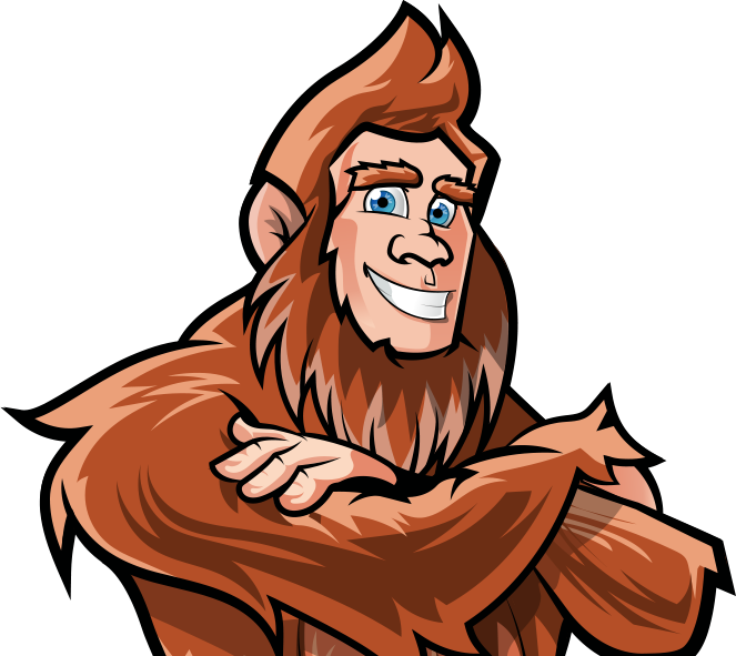 A cartoon Bigfoot with a beard is smiling with his arms crossed.