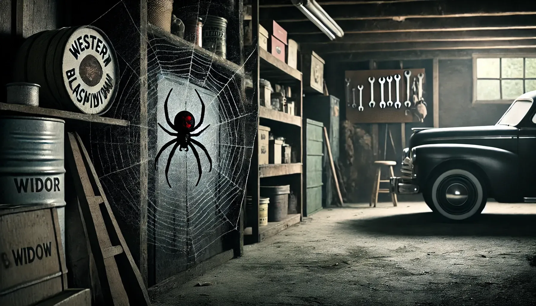 A car is parked in a garage with a spider on the wall.