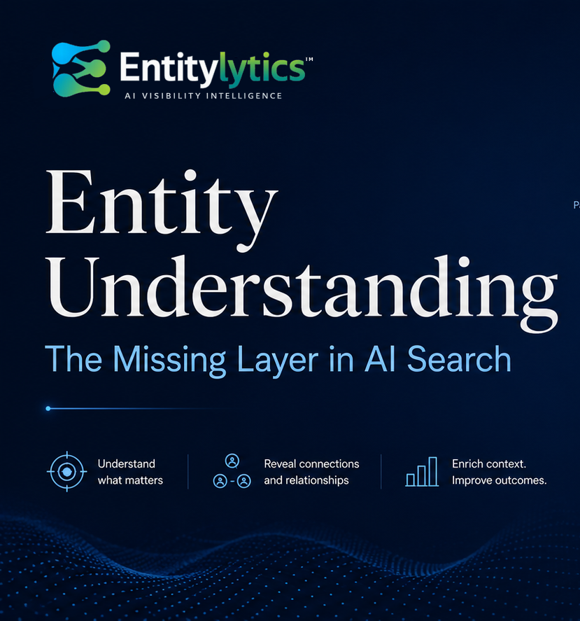 EntityLytics promo graphic on dark blue background: