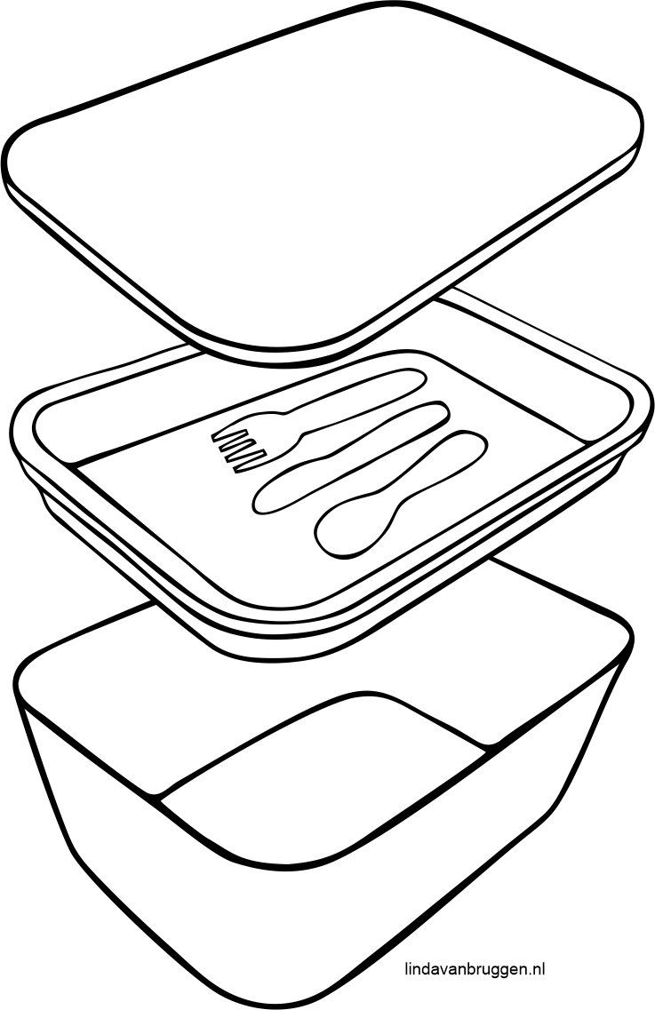 Exploded diagram van een lunchbox met deksel, bestekbakje en bakje.