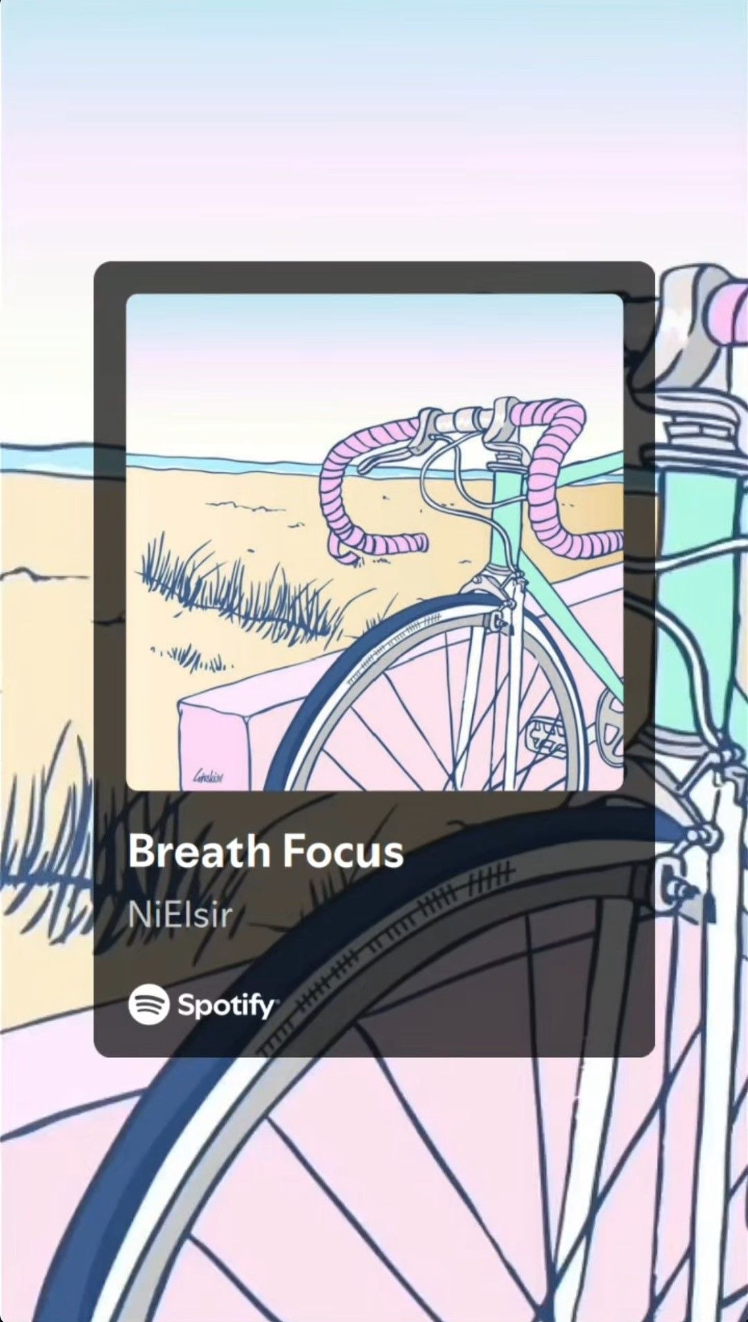 Illustratie van een fiets op een strand met een Spotify-muziekoverlay waarop