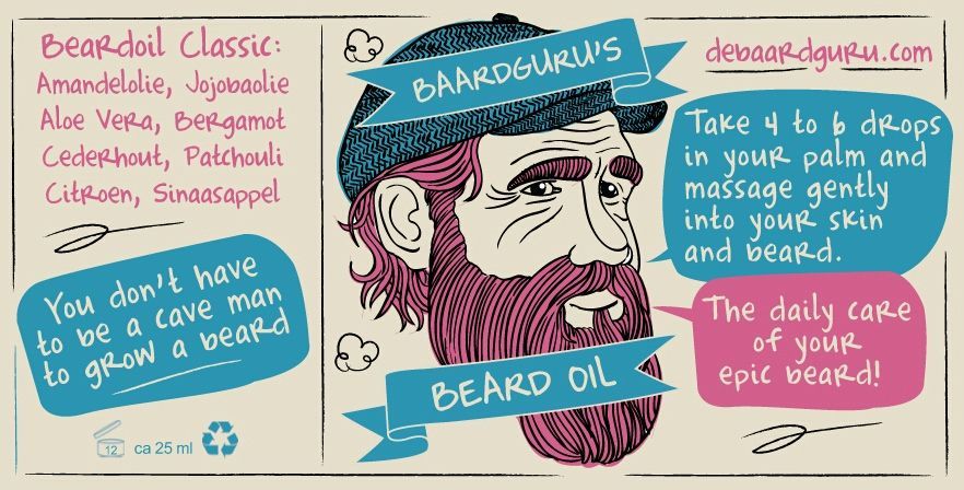 Reclame voor baardolie. Illustratie van een man met baard, productinformatie, gebruiksaanwijzing en ingrediëntenlijst.