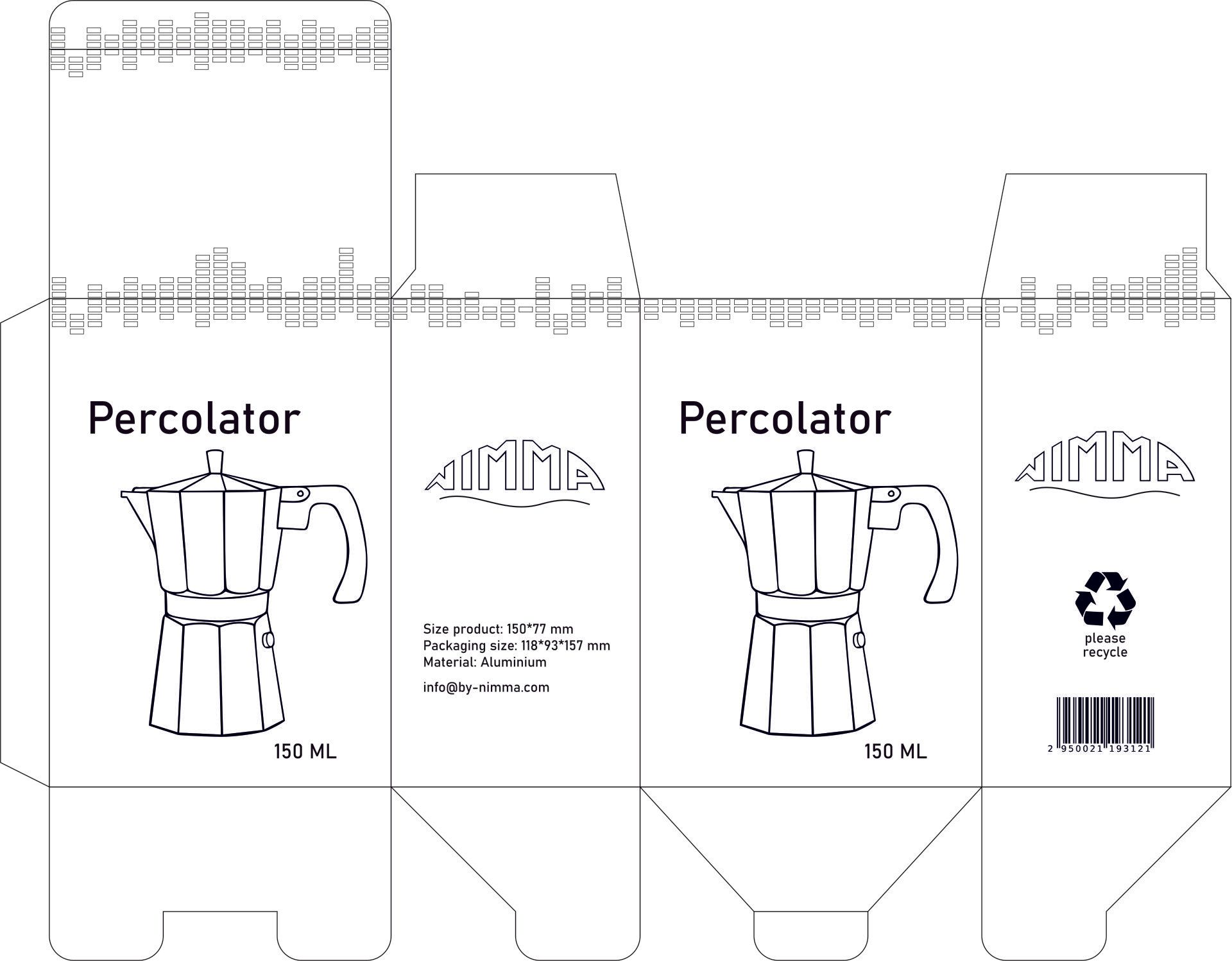 Diagram van een doos met een koffiepercolator, wit met zwarte opdruk. Het bevat het woord 