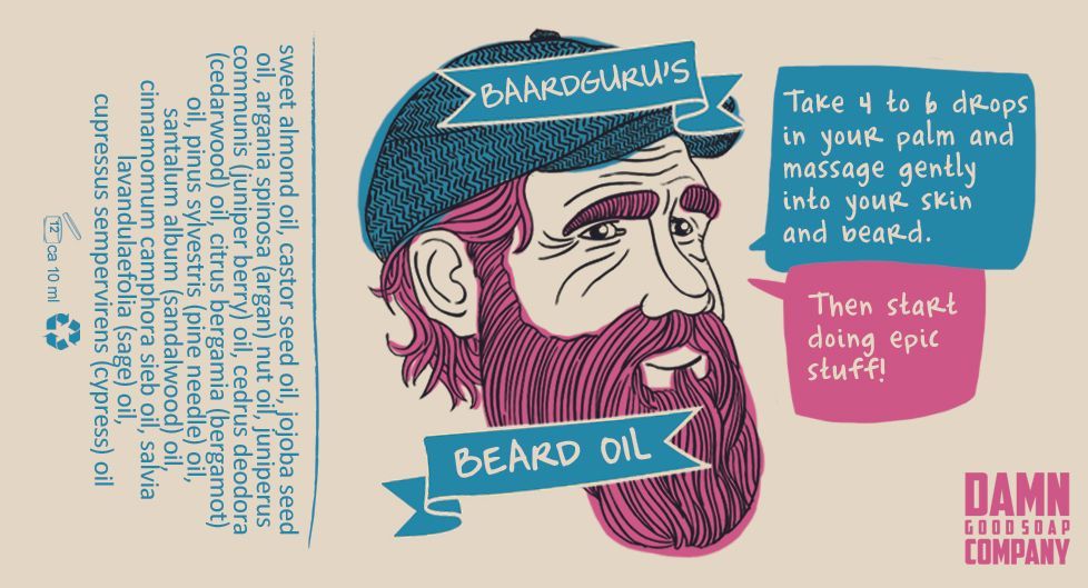 Etiket van baardolie met een bebaarde man met een pet. De tekst bevat instructies en ingrediënten.