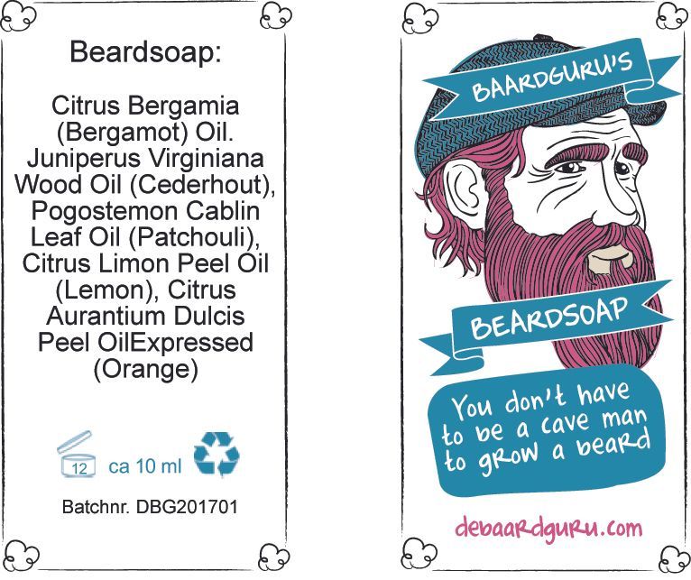 Productetiket van baardzeep met ingrediënten en een cartoon van een man met een baard.