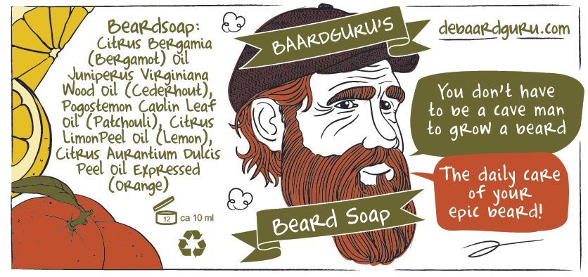 Etiket van baardzeep met een cartoonfiguur, ingrediënten en de tekst:
