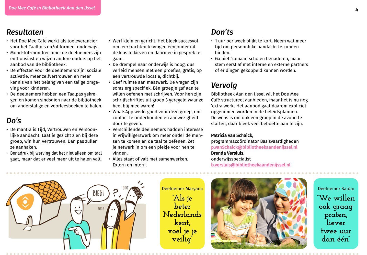 Flyer met tekst en illustraties over resultaten, tips en vervolgstappen, plus een illustratie van een divers gezin en citaten.