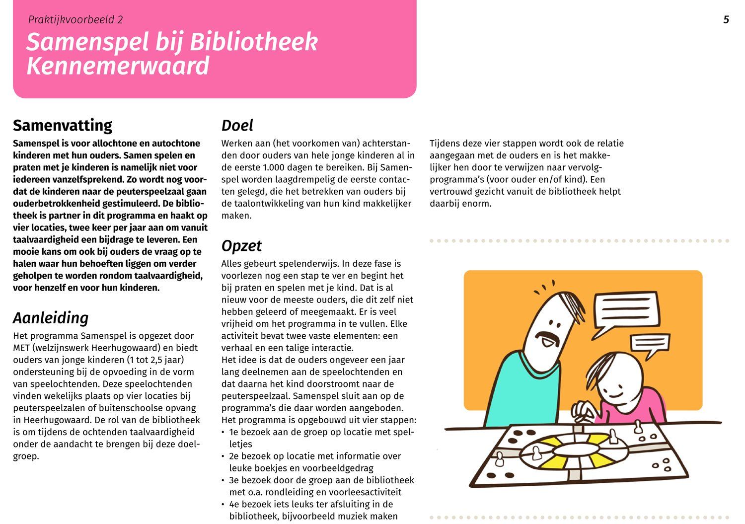 Een man en een kind spelen een bordspel met een opgewonden uitdrukking. Oranje achtergrond met witte tekst.