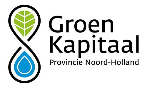 Logo of Groen Kapitaal, Province Noord-Holland: green leaf above blue water drop, intertwined, with black text.