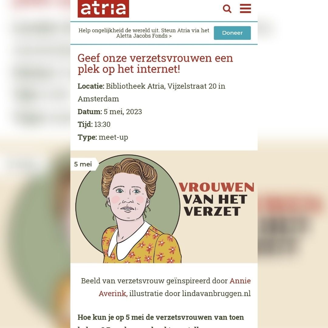 Event announcement for a meeting about resistance women, featuring a drawing of a woman and the text