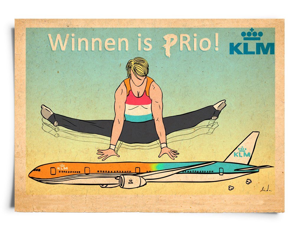 KLM-reclame: Vrouw maakt een spagaat boven een vliegtuig, tekst