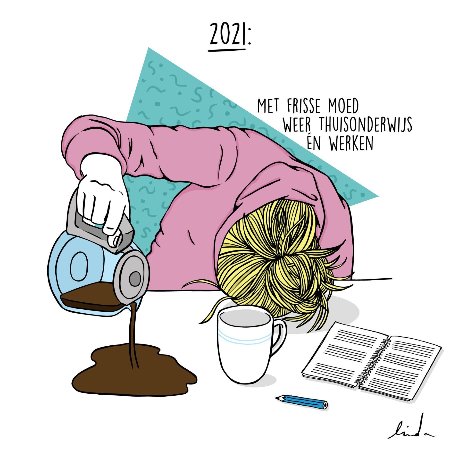 Persoon die koffie over een kluwen garen giet, titel
