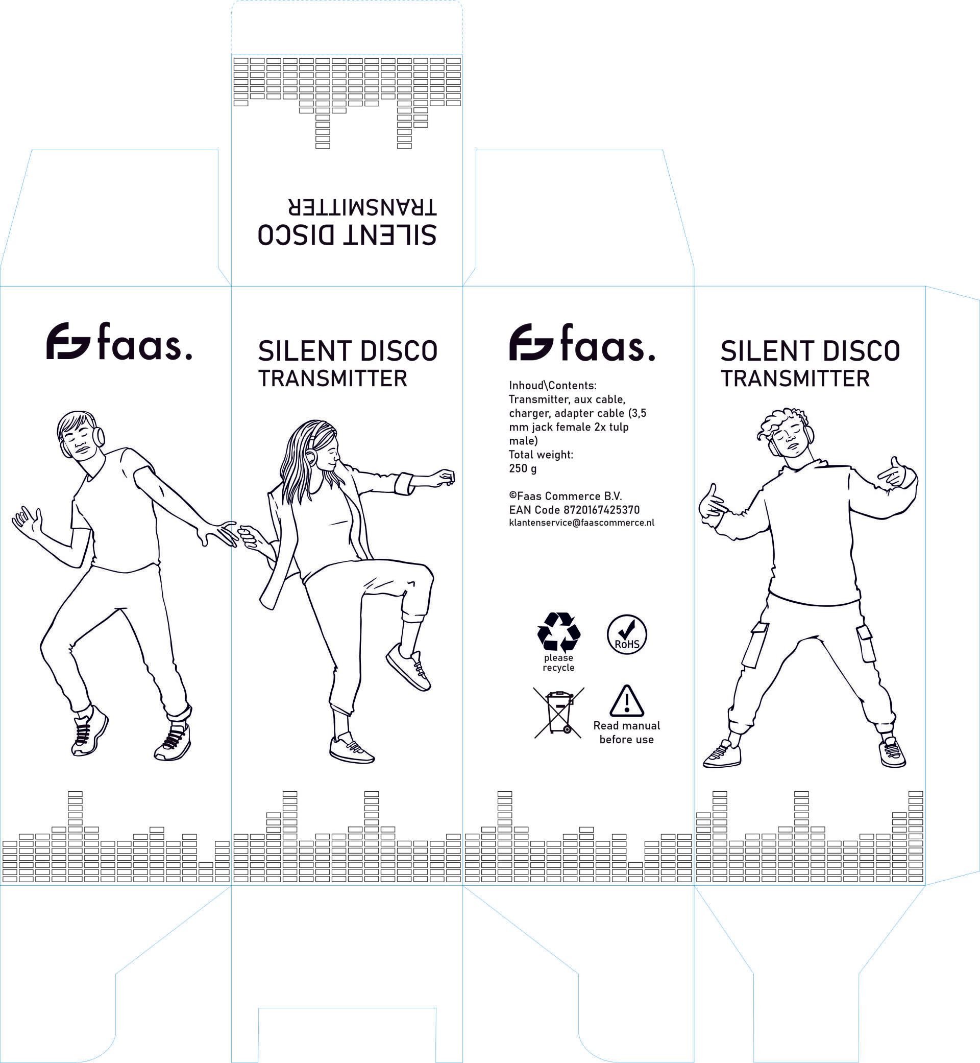 Verpakking van een silent disco-product met dansende figuren en tekst.