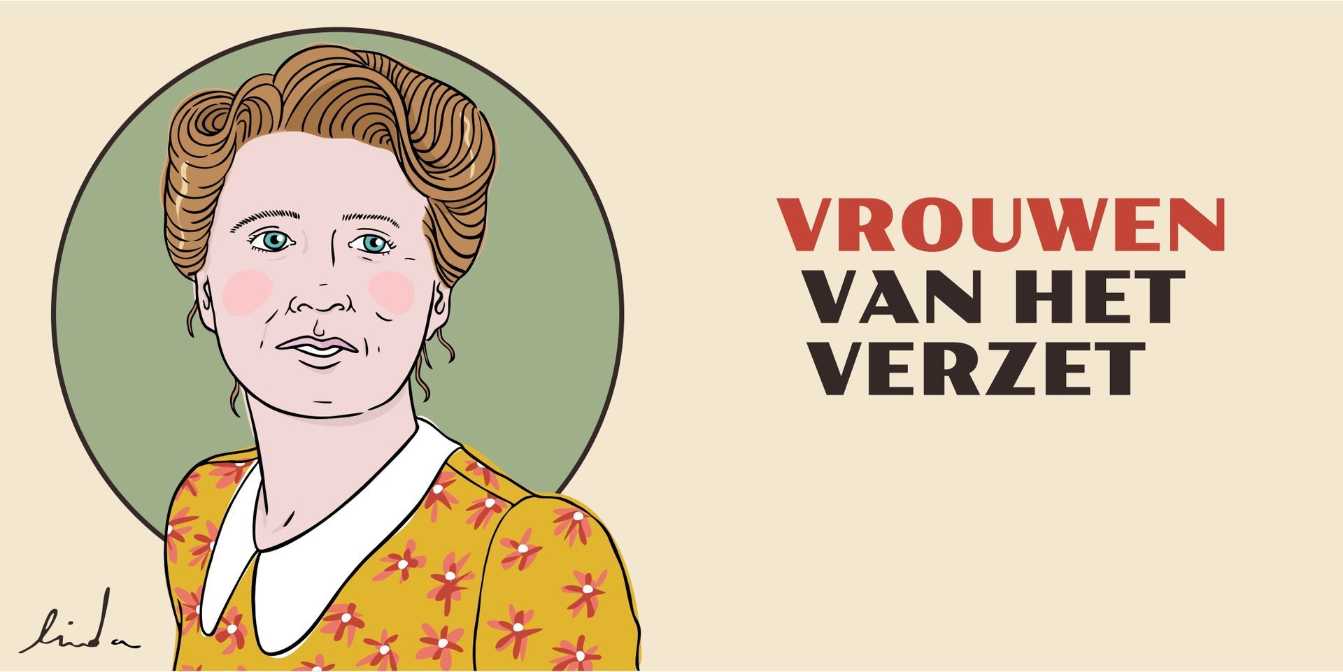 Illustratie van een vrouw in een bloemenjurk, omringd door een groene cirkel, naast de tekst