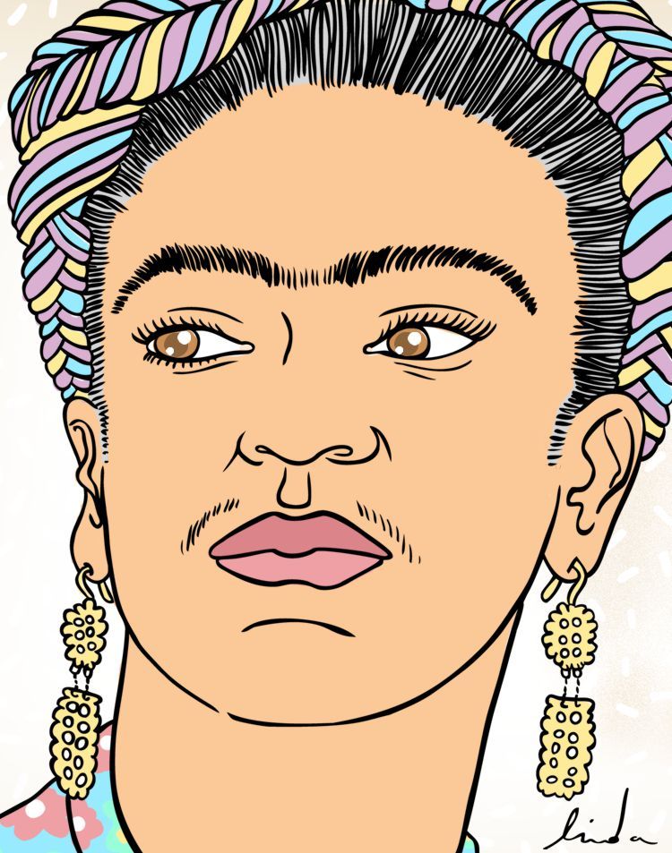 Illustratie van een vrouw met een doorlopende wenkbrauw en snor, met kleurrijk gevlochten haar en oorbellen.