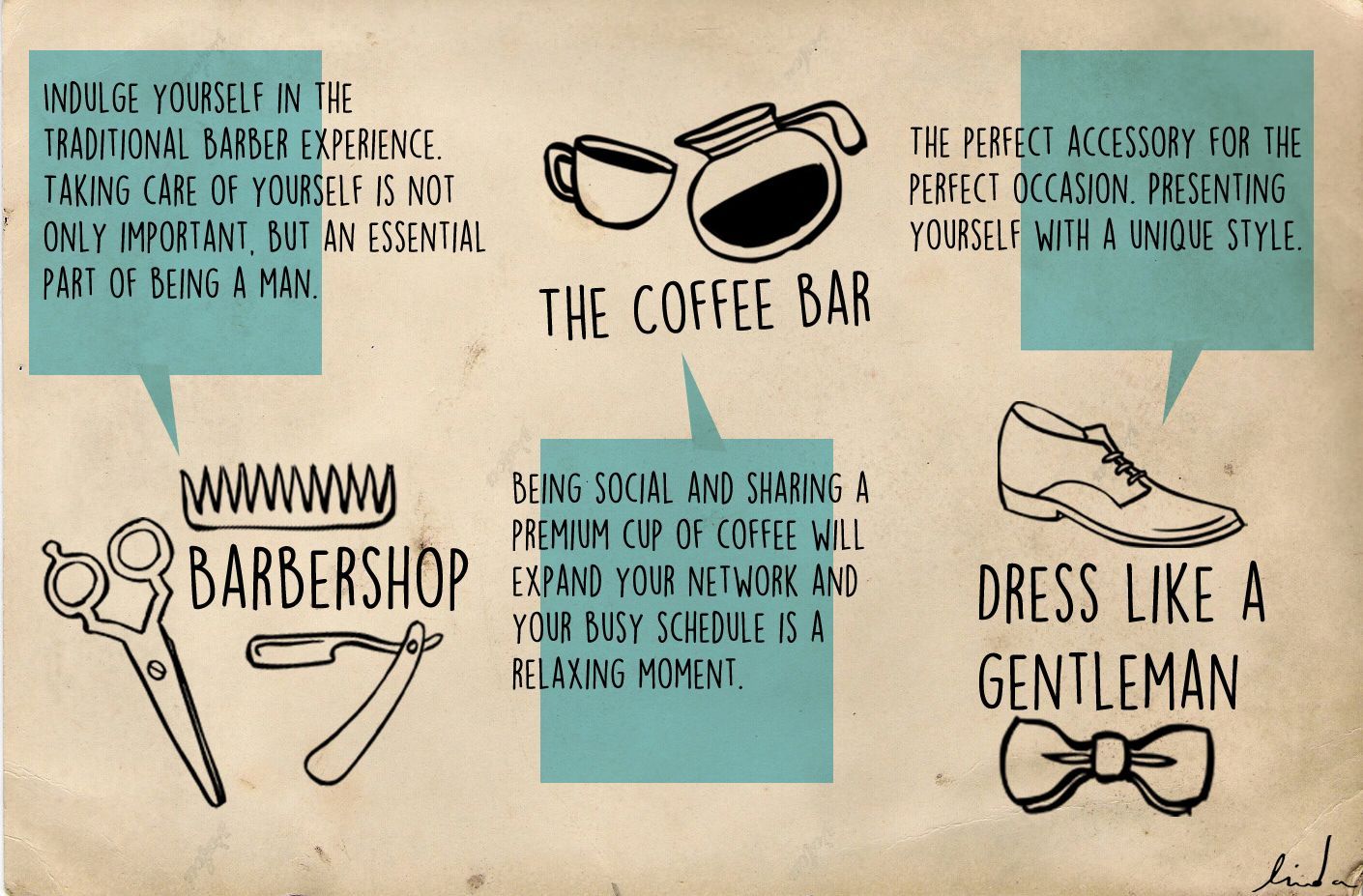 Een infographic over hoe je een gentleman moet zijn. Met onder andere een kapperszaak, een koffiebar en stijltips.