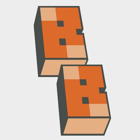 Twee oranje, gepixelde letterblokken met de letter 