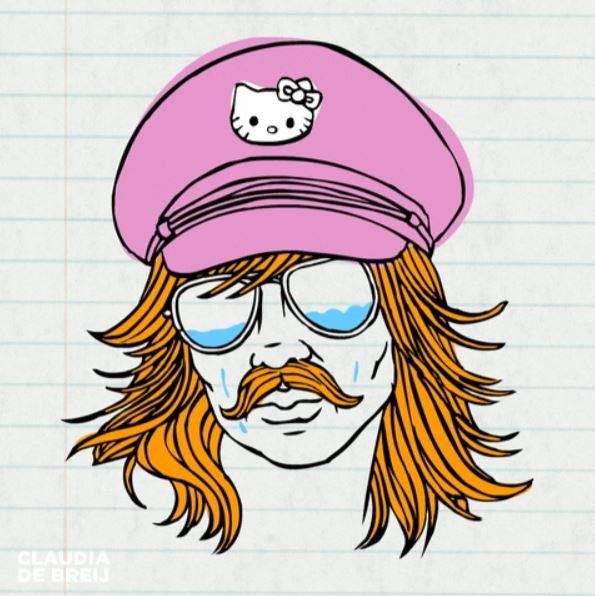 Een tekening van een persoon met oranje haar, een roze hoed met een Hello Kitty erop, die huilt, een zonnebril draagt ​​en een snor heeft.