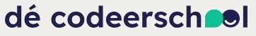 Het logo van Dé Codeerschool met een donkerblauw lettertype en een turquoisekleurig cirkelvormig element.