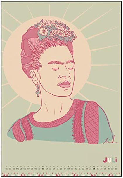 Illustratie van Frida Kahlo met een aureool en een bloemenkroon, in tinten roze, turquoise en beige.