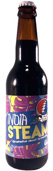 Fles India Steam-bier met een Grateful Dead-logo.