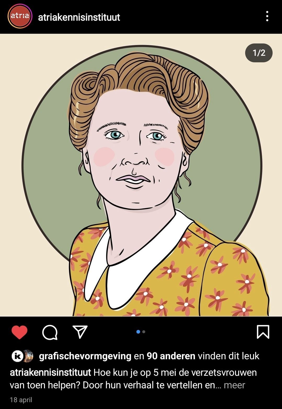 Illustratie van een vrouw in een bloemenjurk, met tekst over het vertellen van vrouwenverhalen op 5 mei.