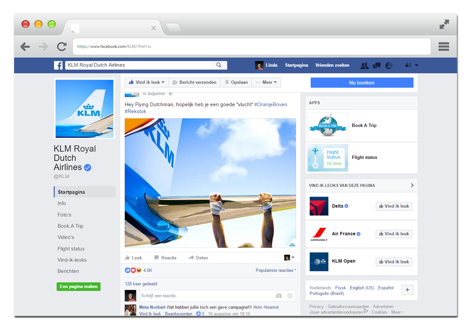 Facebookpagina van KLM Royal Dutch Airlines, met een afbeelding van een vliegtuigvleugel en een blauwe lucht.