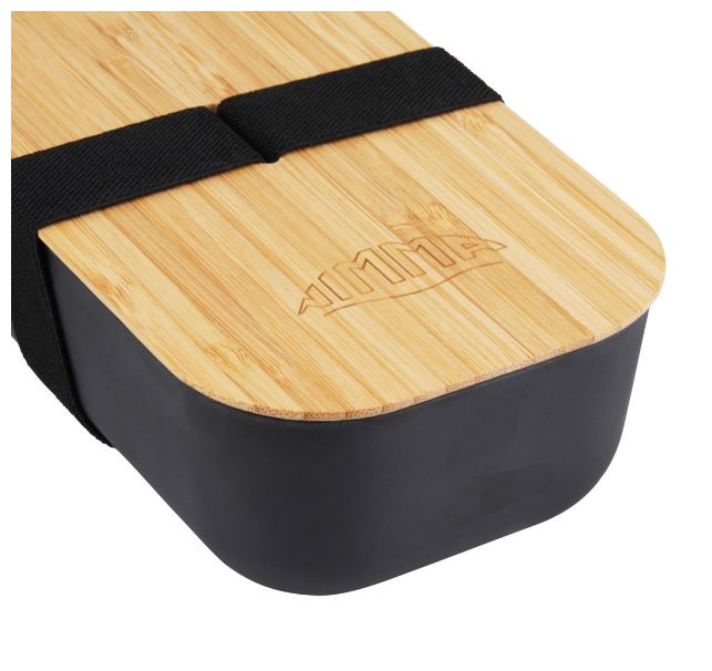 Zwarte bentobox van bamboe met zwarte elastische band.