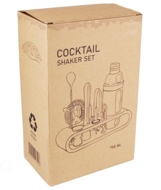 Kartonnen doos met een afbeelding van een cocktailshakerset.