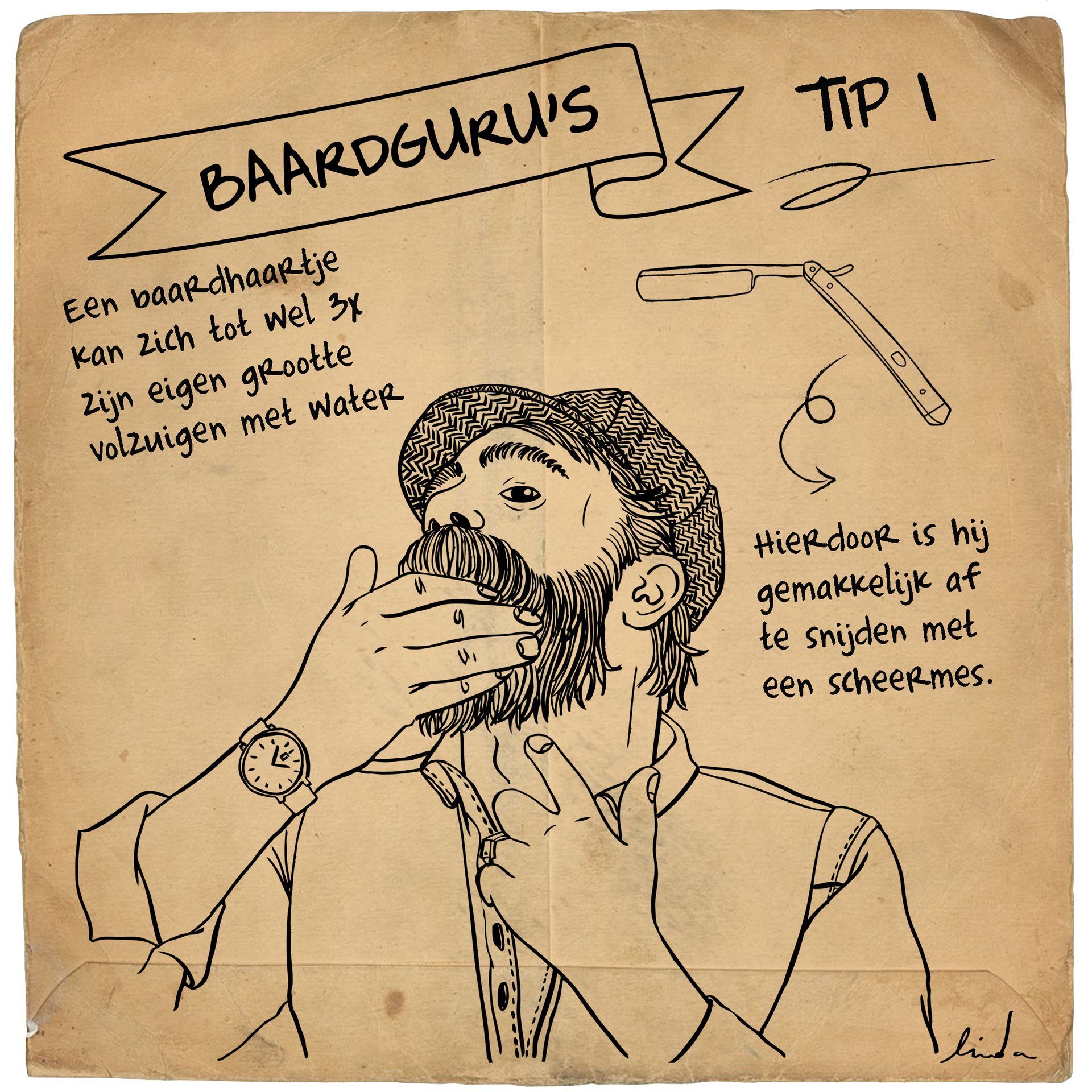 Tekening: Man die water op zijn baard doet, scheertip, tekst in het Nederlands.