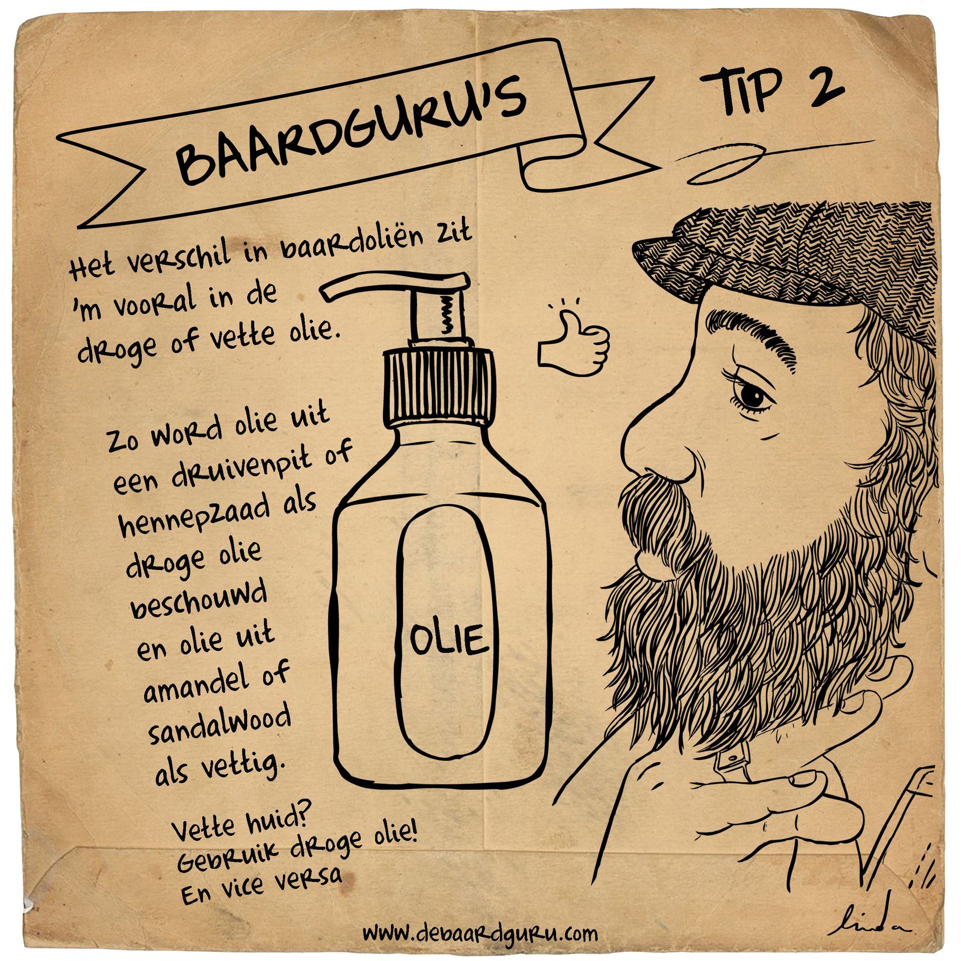 Handgetekende handleiding voor baardverzorging. Toont een man met een baard, een flesje olie en tekst over verschillende soorten baardolie.