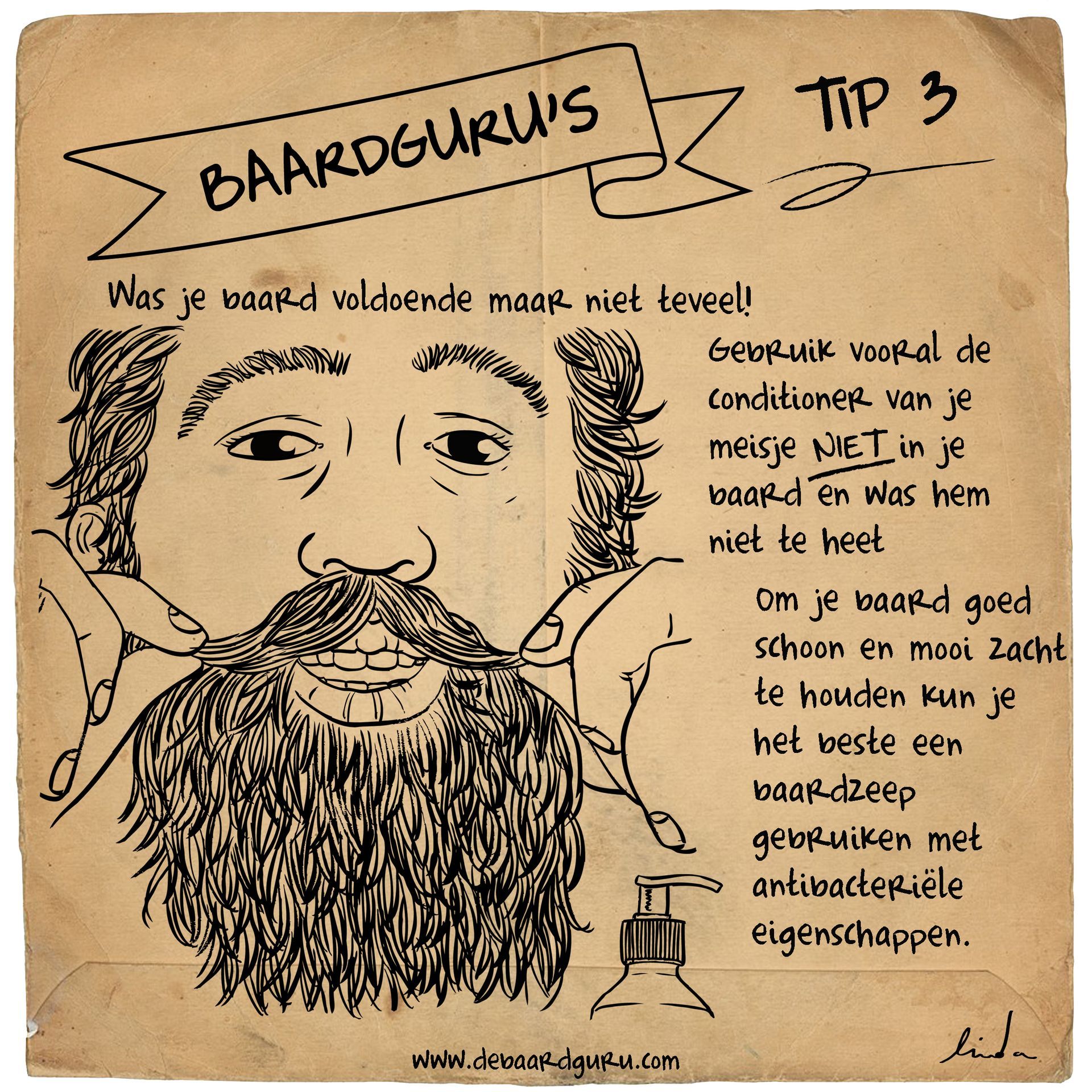 Baardverzorgingstip: Een man met een baard die zijn snor vasthoudt, een tekst met verzorgingsadvies en een zeepdispenser.