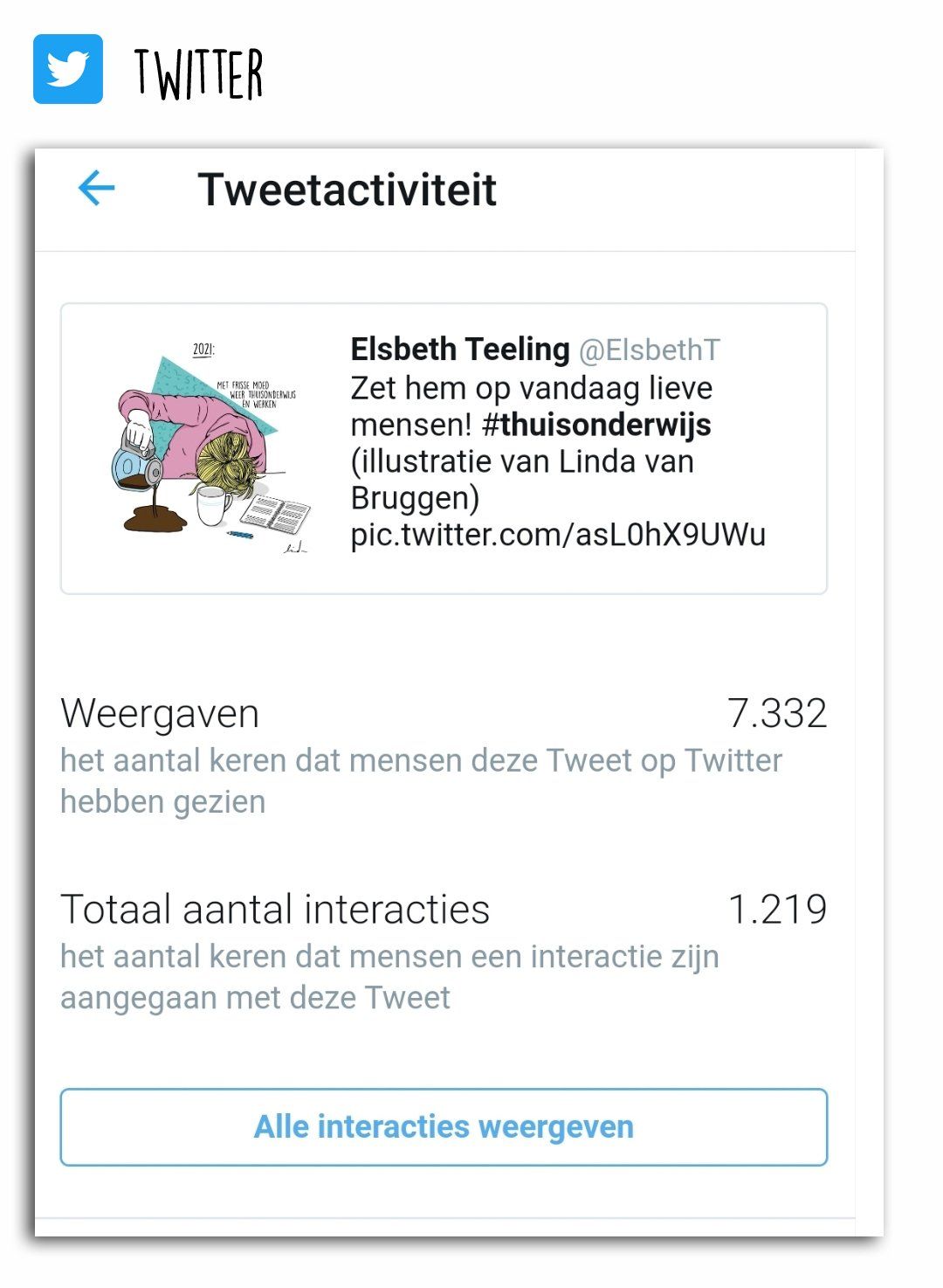 De tweet van Elsbeth Teeling toont 7.332 weergaven en 1.219 interacties.