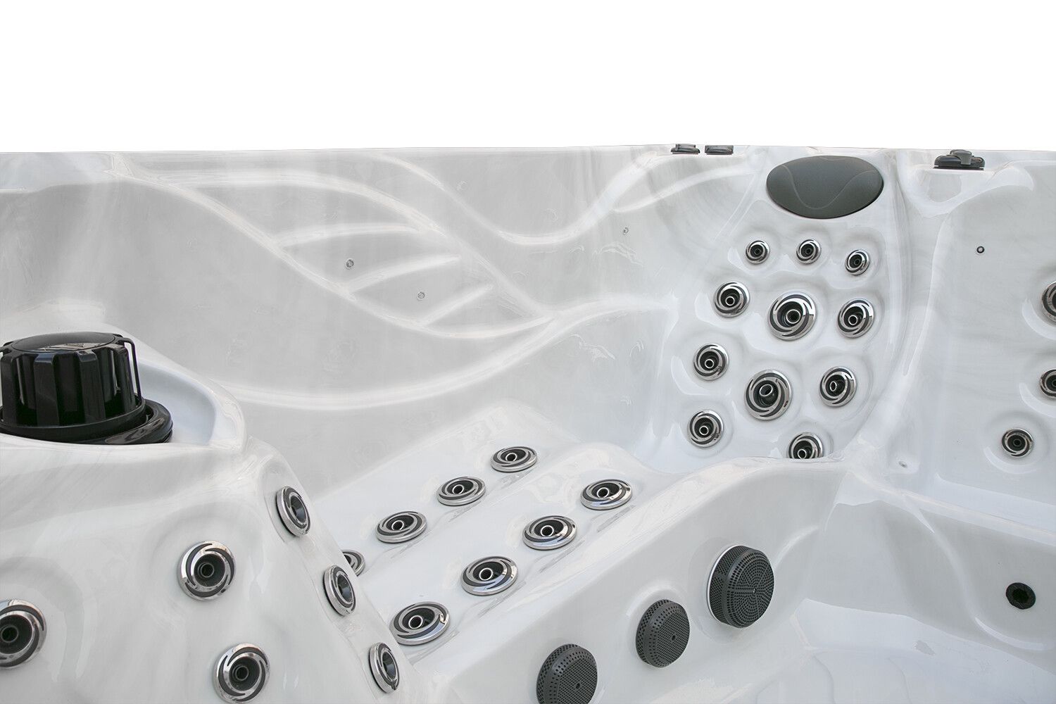 White hot tub interior with various jets, controls.