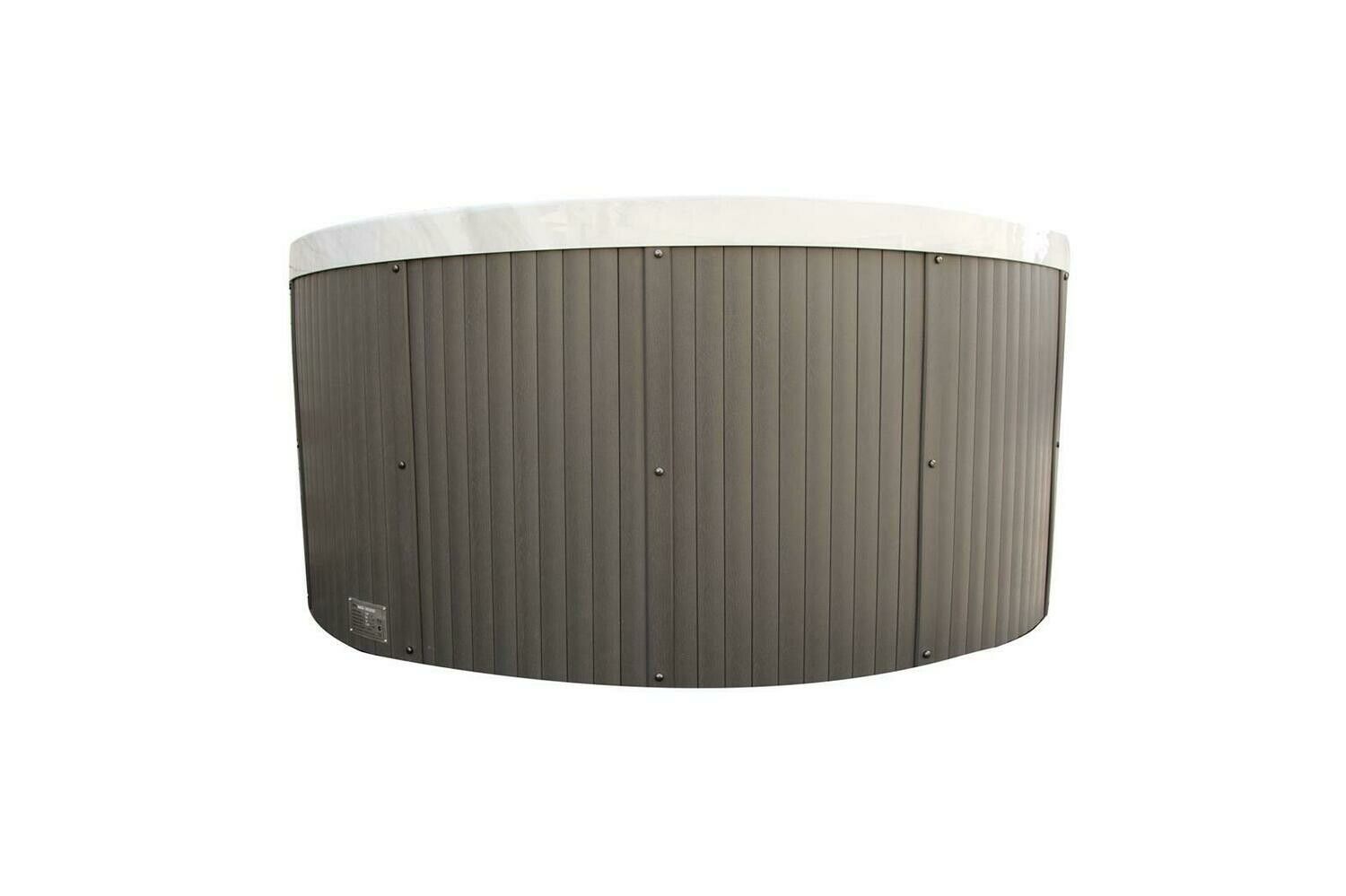 A round, brown hot tub with a white cover.