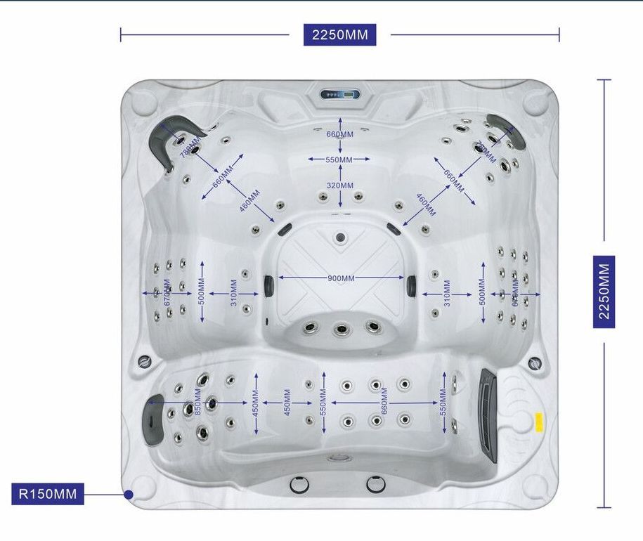Top-down view of a square hot tub with measurements, showing jets, and seating areas. Dimensions are 2250mm x 2250mm.