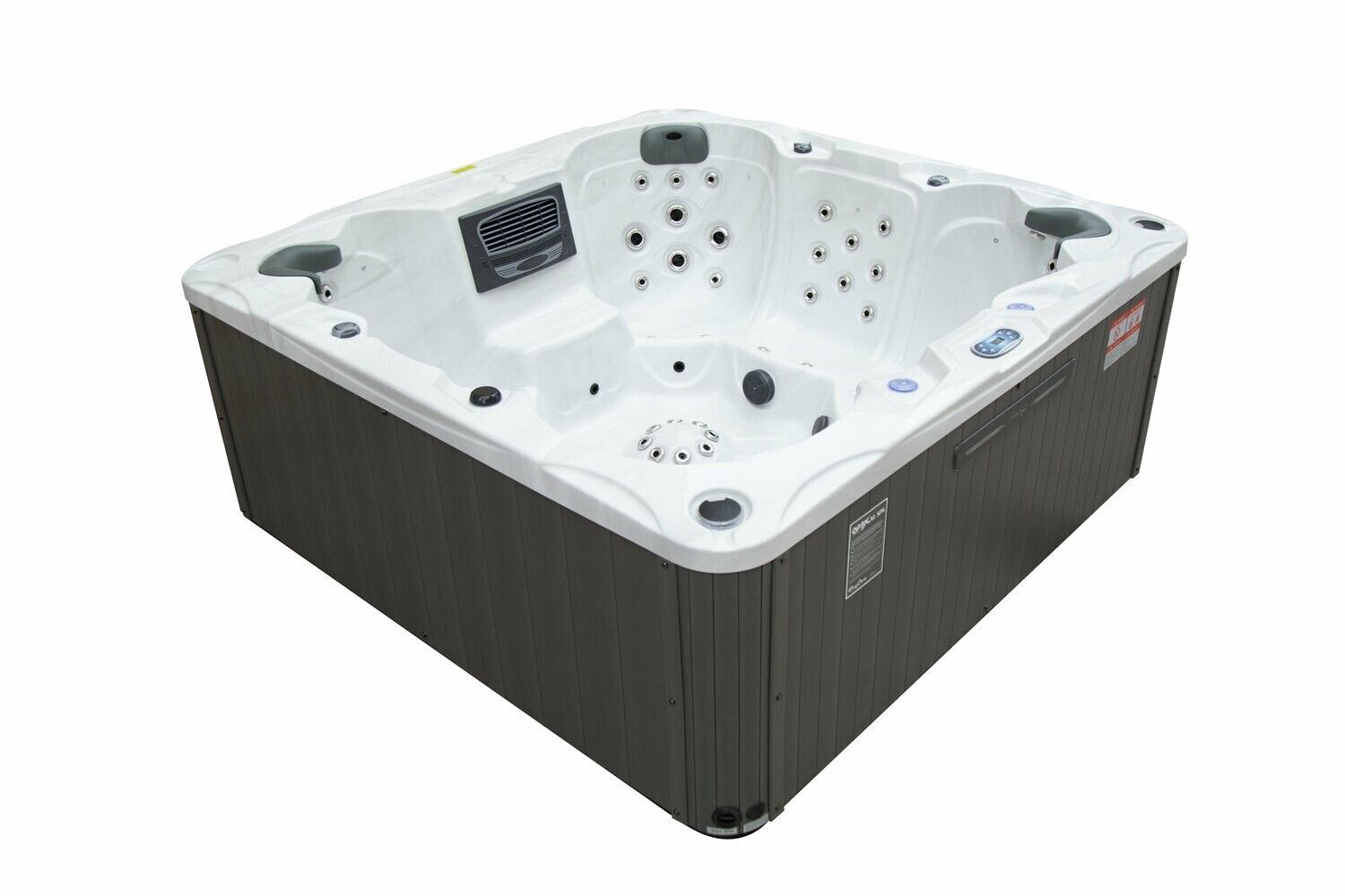 Square, white hot tub with gray exterior, jets, and digital control panel.